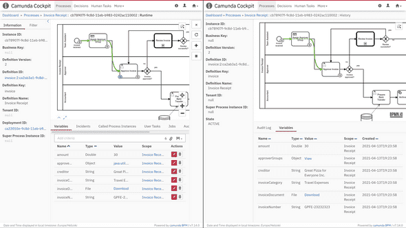 Spot the differences and missing features between official view using AngularJS components (on the left), and the custom "history view" re-implementing everything with ReactJS components (on the right).