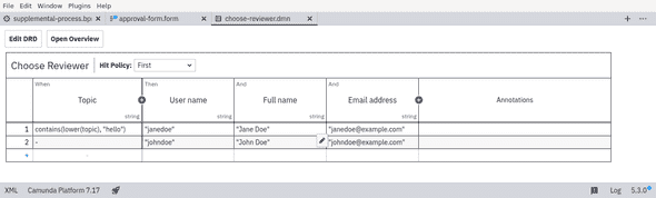 Camunda Modeler with open DMN table