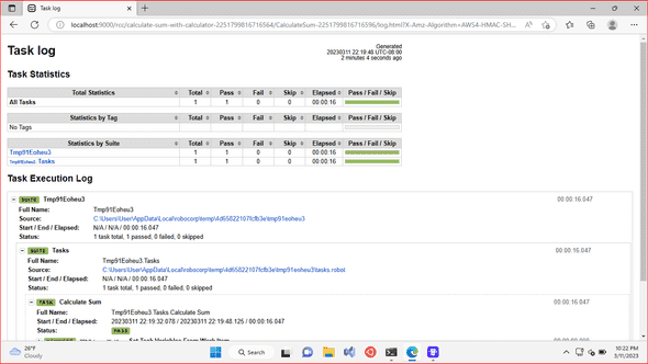 RPA execution log viewed at S3 compatible storage